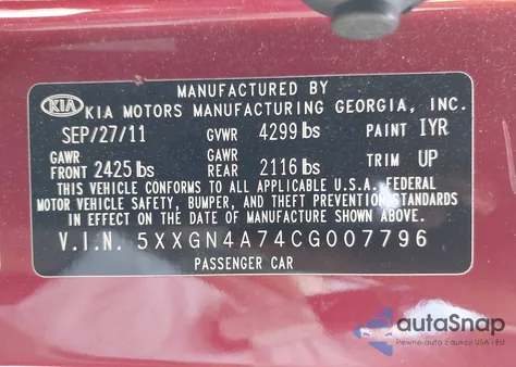 2012 Kia Optima Ex z USA, uszkodzony, nr VIN 5XXGN4A74CG007796